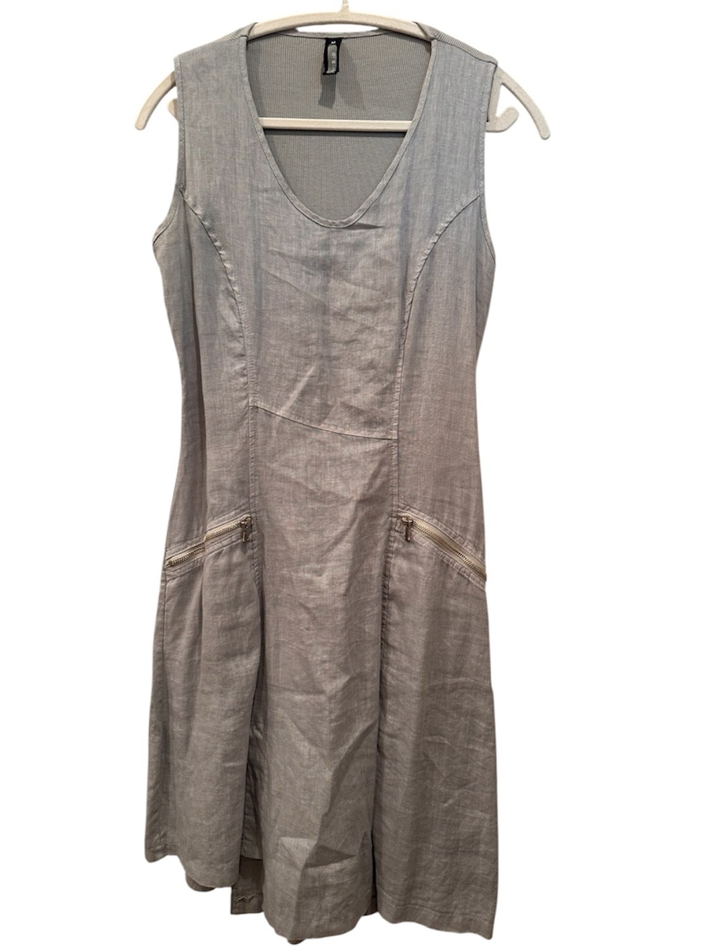 Inizio Italy 100% Linen Light Gray V-Neck Midi Dress Zip Pockets Lagenlook Sz M